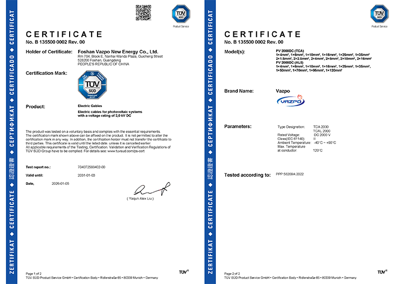 Vazpo’s TCA Solar Cable Receives TUV Certification